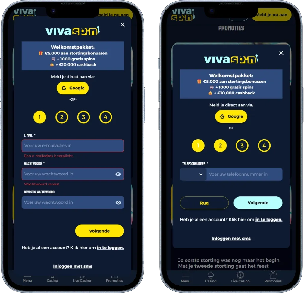 Login en Registratie bij VivaSpin Casino Stap 1 en 2