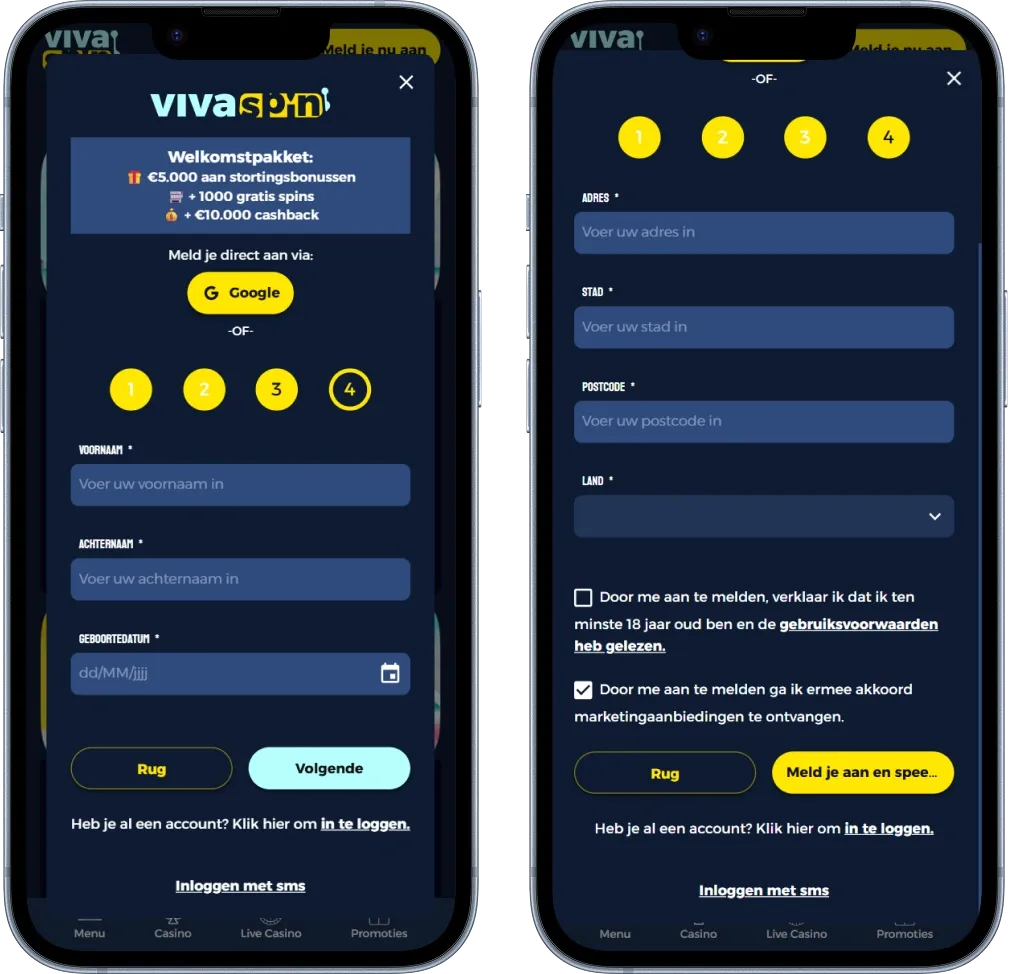 Login en Registratie bij VivaSpin Casino Stap 3 en 4